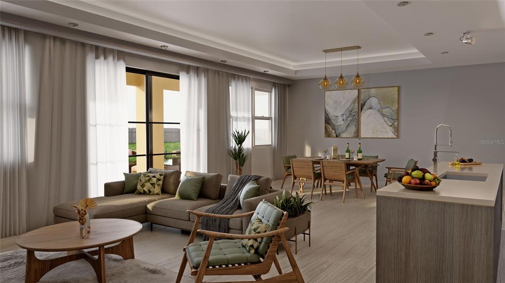 This rendering shows an open-concept living and dining area with modern furniture and neutral tones — 8073 ANTWERP CIRCLE, PORT CHARLOTTE, FL
