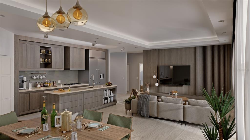 This rendering shows an open-concept kitchen and living area with wood cabinetry and modern furniture — 8073 ANTWERP CIRCLE, PORT CHARLOTTE, FL