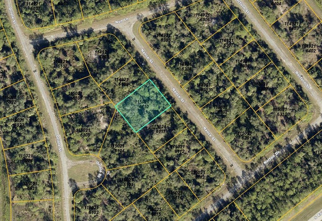 This is an aerial map showing a highlighted vacant lot surrounded by wooded residential parcels — NANCE STREET, NORTH PORT, FL