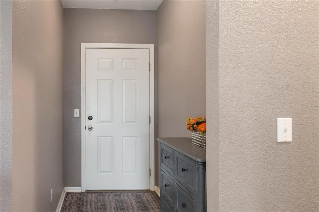 A white front door sits at the end of a gray-walled entryway with a dresser — 19385 WATER OAK DRIVE UNIT 304, PORT CHARLOTTE, FL