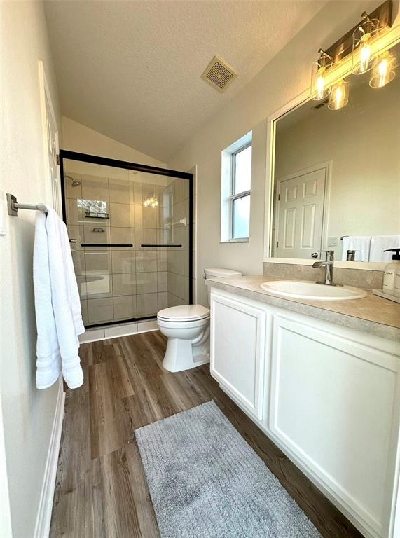A bathroom features a glass-enclosed shower, white vanity, toilet, and wood-look flooring — 307 FOX LOOP, DAVENPORT, FL