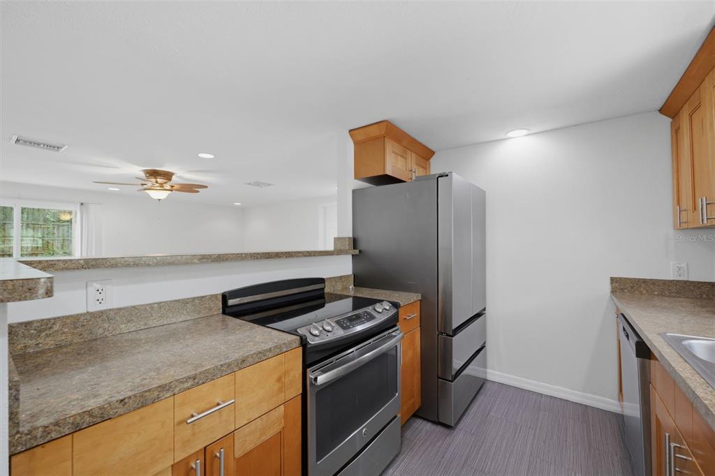 A kitchen with wood cabinets, granite countertops, stainless steel appliances, and a pass-through window — 2804 APPLEWOOD DRIVE, CLEARWATER, FL