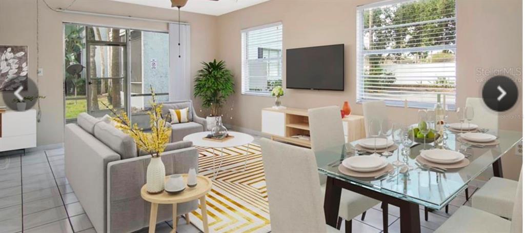 This is a virtual rendering of an open-concept living and dining room with tiled floors — 6010 AMBERLY AVENUE UNIT F, ORLANDO, FL