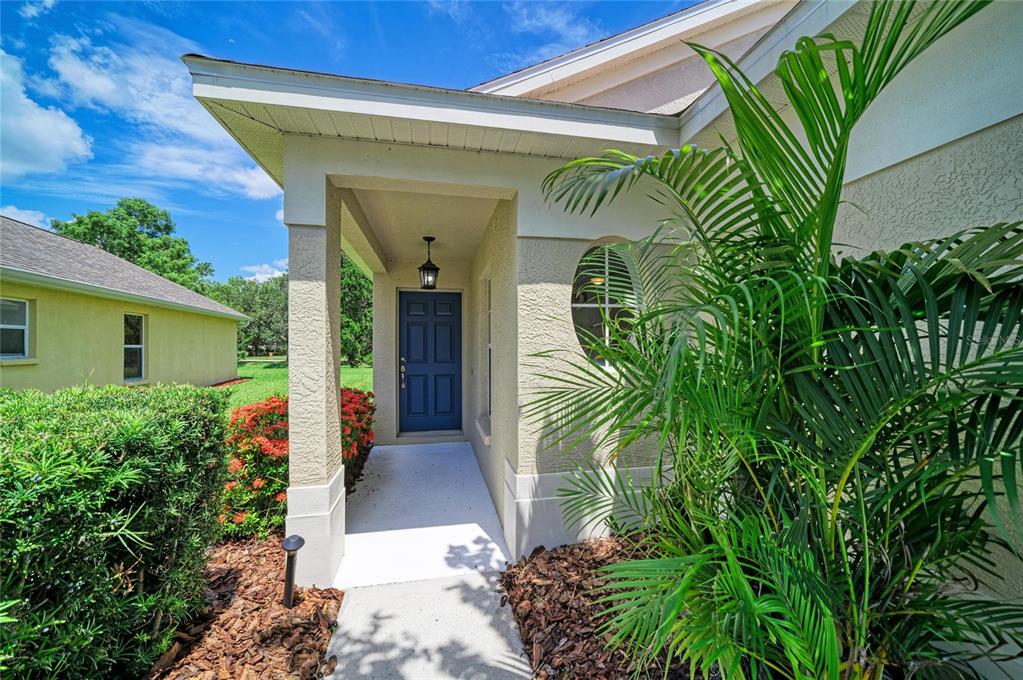 A covered entryway features a dark blue front door, a circular window, and a palm tree — 6308 ROBIN COVE, BRADENTON, FL