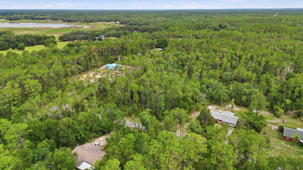 An aerial view shows several houses nestled among dense trees near a large body of water — 0000 SW NAUTILUS BOULEVARD, DUNNELLON, FL