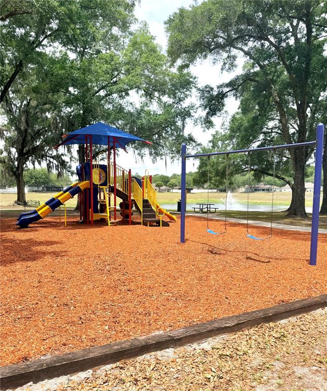 A playground with a slide structure and swings sits on wood mulch near a pond — 1541 HACKNEY TERRACE, DELAND, FL