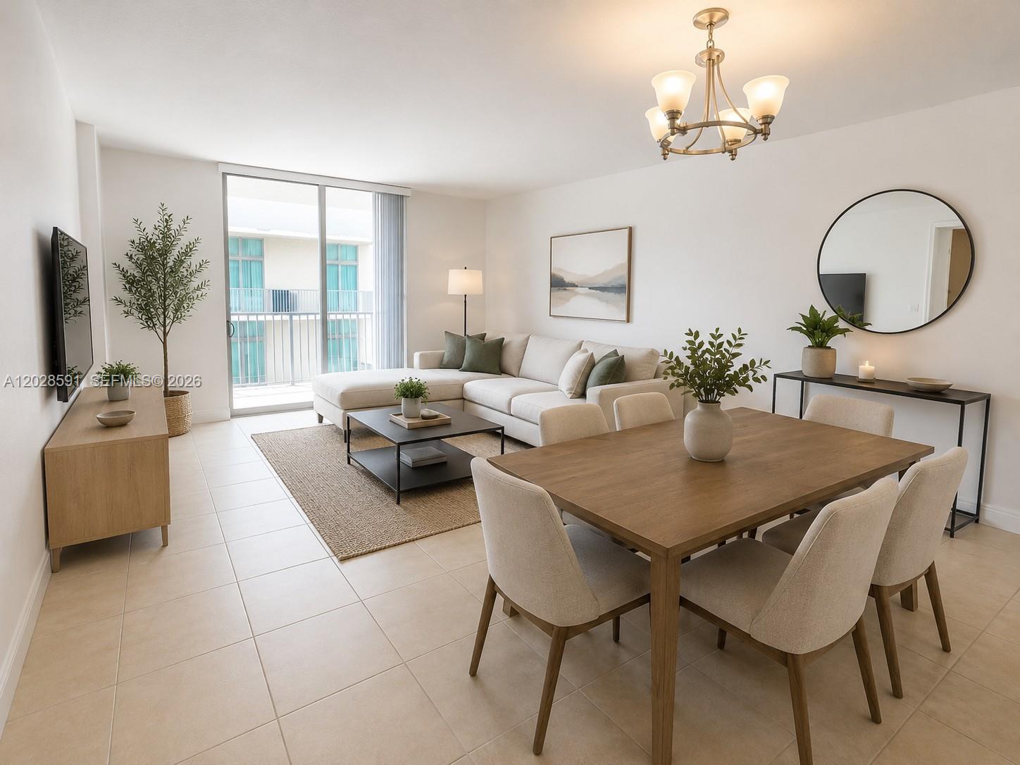 A living and dining area features tile floors, a sectional sofa, and a wooden table — 140 S Dixie Hwy # 433, Hollywood FL 33020, HOLLYWOOD, FL