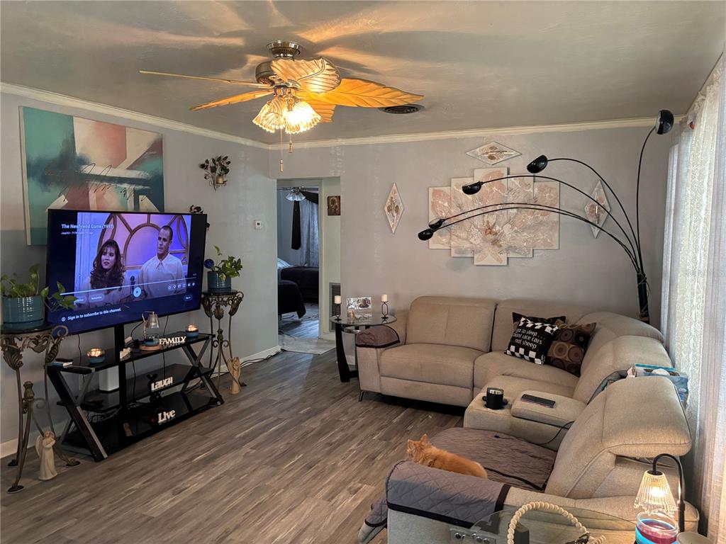 A living room features a sectional sofa, a television on a stand, and wood-look flooring — 262 WALTER AVENUE, FROSTPROOF, FL