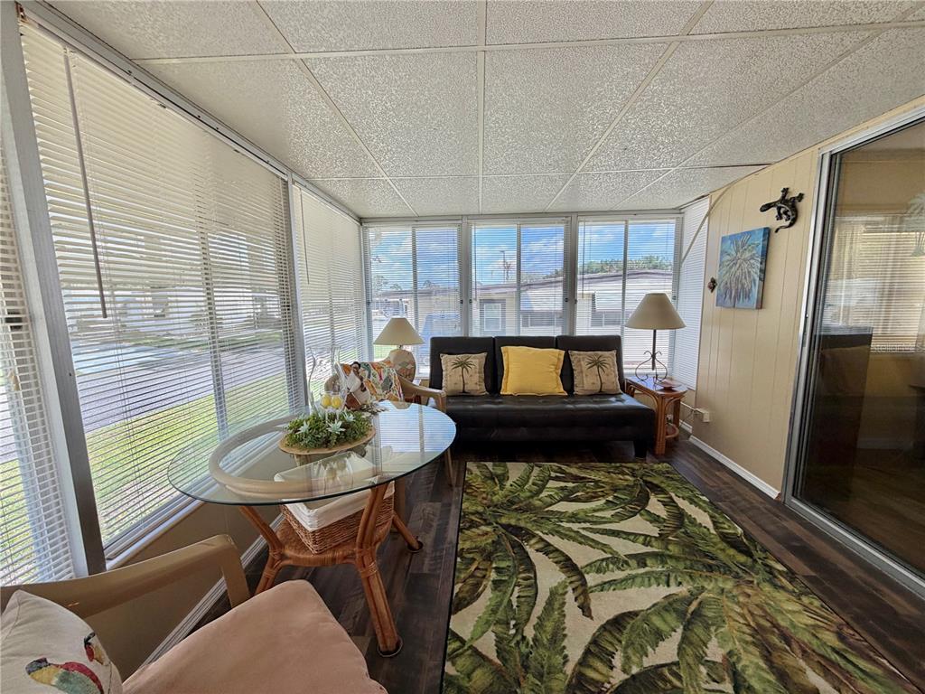 A sunroom features a glass-top table, a dark sofa, and a palm-leaf patterned area rug — 126 CHESTNUT STREET, LEESBURG, FL