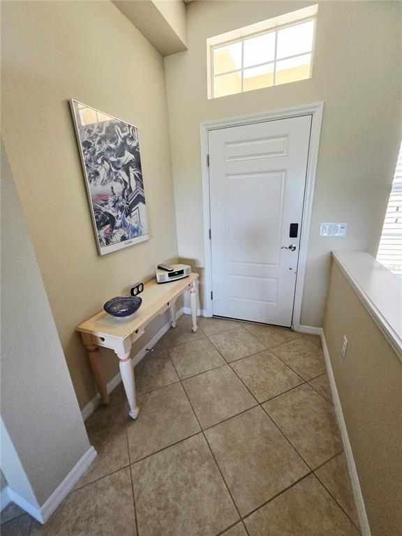 An entryway features a white front door, tile flooring, a console table, and wall art — 1358 STILL RIVER DRIVE, VENICE, FL