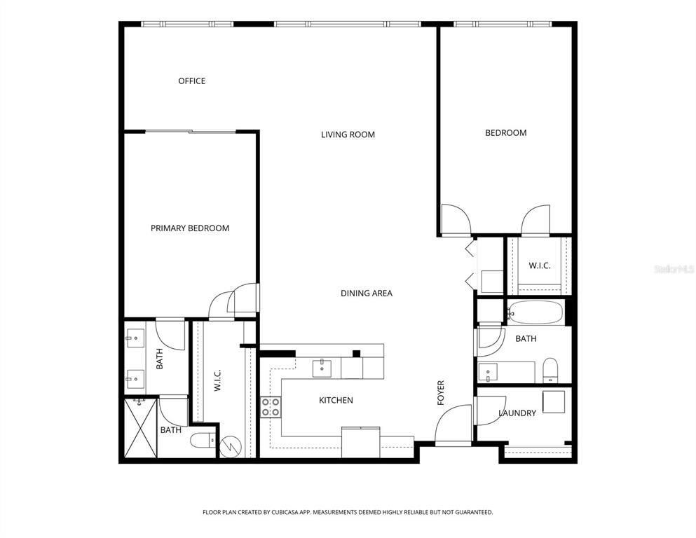 This is a floor plan showing a two-bedroom apartment with an office and two bathrooms — 100 BLUFF VIEW DRIVE UNIT 404C, BELLEAIR BLUFFS, FL