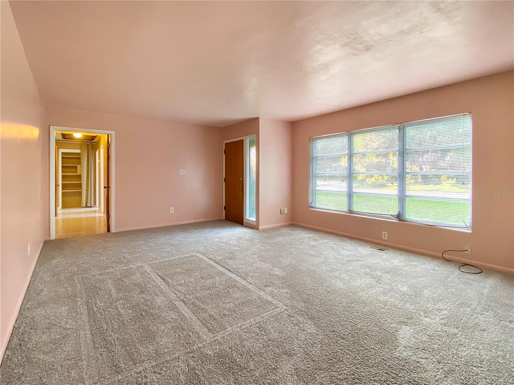 An empty living room features pink walls, gray carpeting, and a large window with blinds — 1119 SW 11TH AVENUE, GAINESVILLE, FL