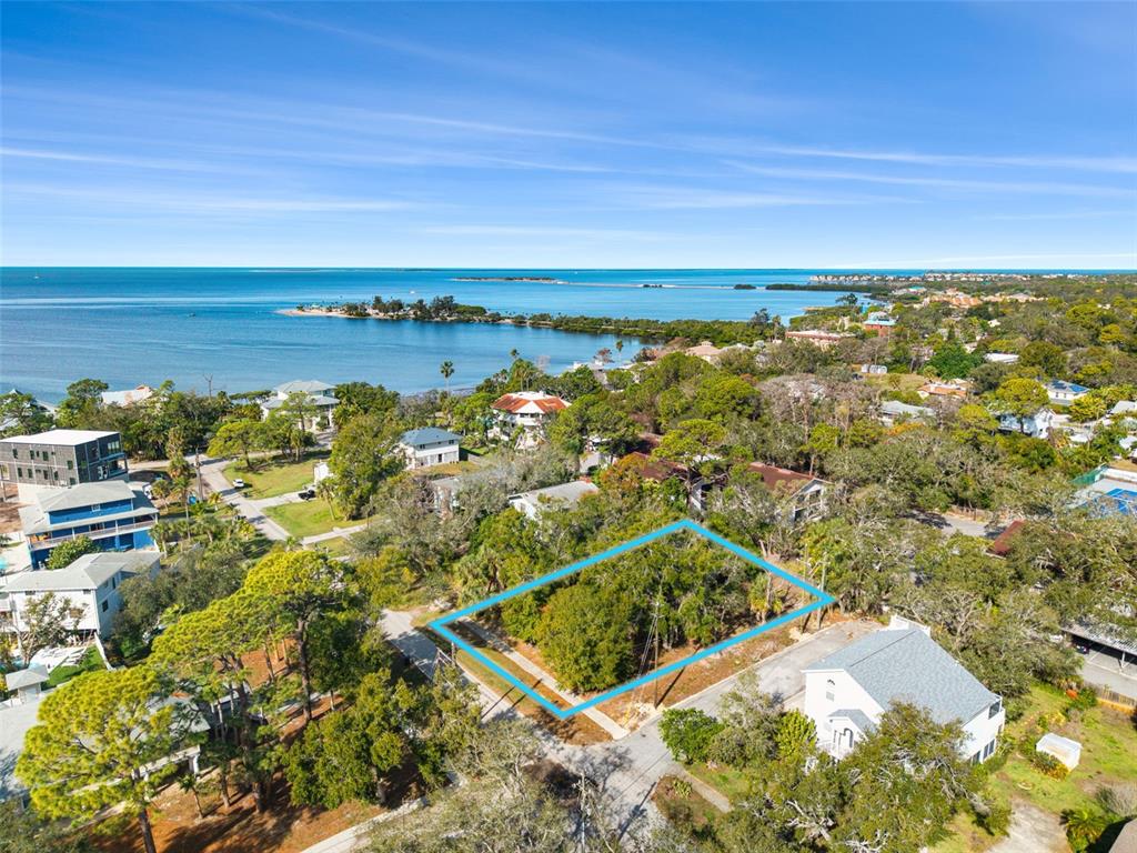 An aerial view shows a coastal landscape with a small island, palm trees, and houses — VENTNOR AVENUE, TARPON SPRINGS, FL