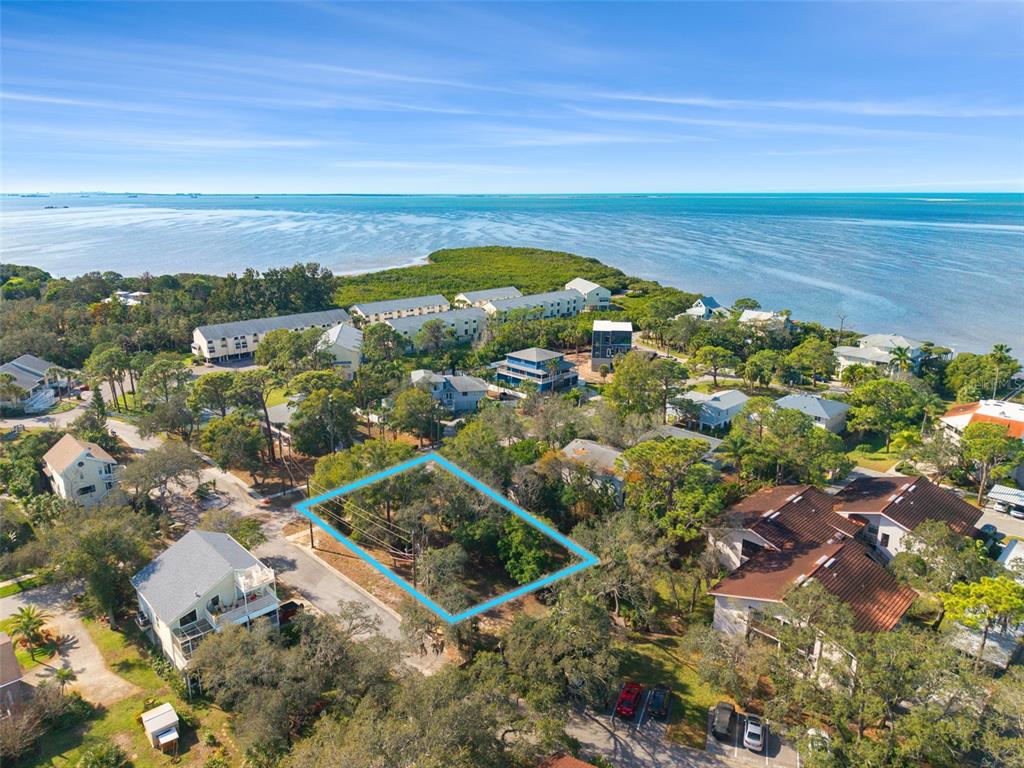 An aerial view shows a vacant, wooded residential lot outlined in blue near the coast — VENTNOR AVENUE, TARPON SPRINGS, FL