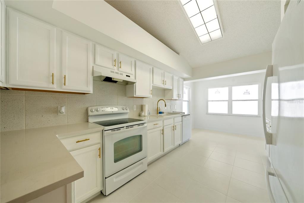 An empty living room features white walls, dark wood flooring, and a vaulted ceiling — 9064 SW 91ST CIRCLE, OCALA, FL
