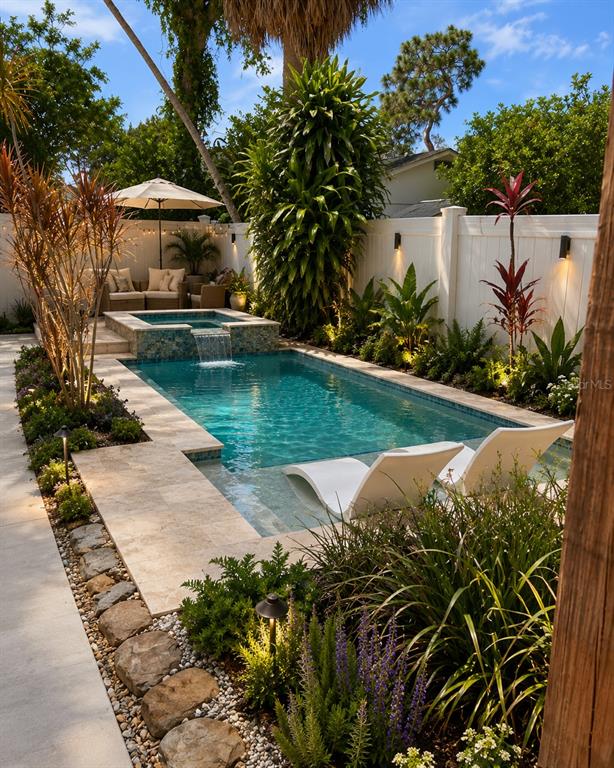 This rendering shows a backyard swimming pool with a spa, waterfall, and lounge chairs — 11987 106TH AVENUE, SEMINOLE, FL