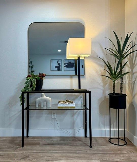 A modern entryway features a glass console table, a rectangular mirror, a lamp, and a plant — 11987 106TH AVENUE, SEMINOLE, FL