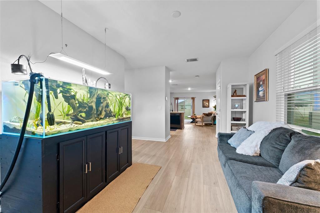 A living room features a large aquarium on a black cabinet and a gray sofa — 10918 TRAILING VINE DRIVE, TAMPA, FL