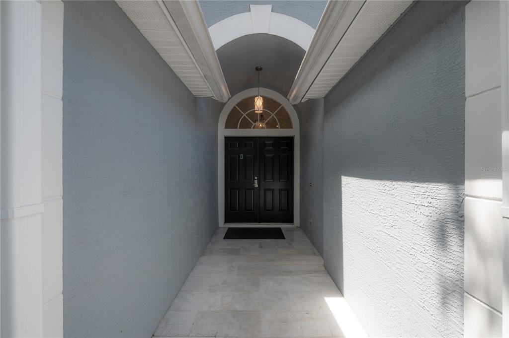 A covered entryway features a black double door, a vaulted ceiling, and light-colored tile flooring — 11820 EASTHAMPTON DRIVE, TAMPA, FL