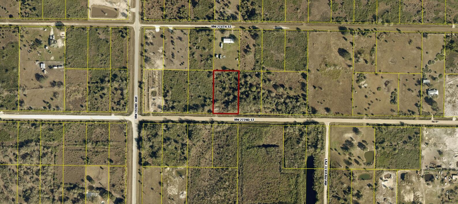 An aerial map view shows a rectangular plot of land highlighted in red — 19025 NW 272nd Street, Okeechobee FL 34972, OKEECHOBEE, FL