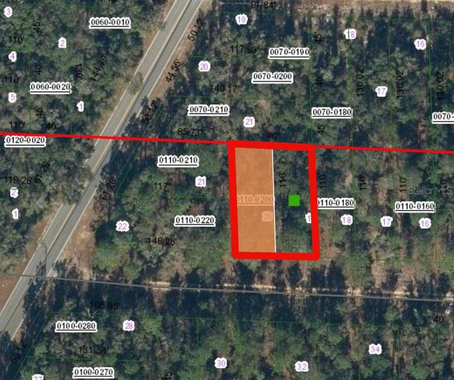 This is a satellite map showing a highlighted rectangular parcel of land — 338 PORTLAND STREET, HAWTHORNE, FL