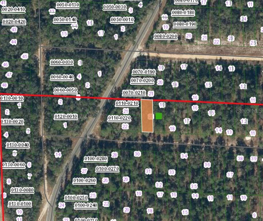 This is a map showing a highlighted rectangular land parcel among surrounding wooded lots — 338 PORTLAND STREET, HAWTHORNE, FL