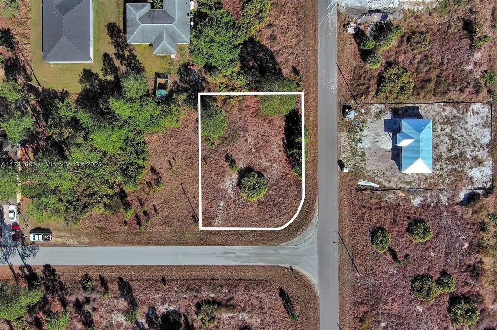 An aerial view shows a vacant, rectangular residential lot outlined in white at a street corner — 733 BUMBY STREET E, LEHIGH ACRES, FL
