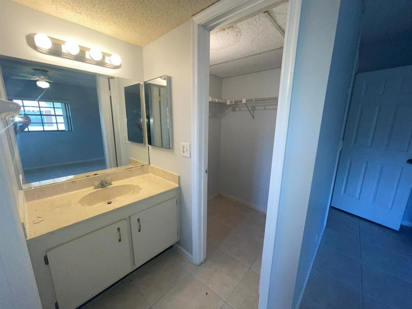 A bathroom vanity with a mirror and light fixture sits beside an open walk-in closet — 4185 Oak Terrace Drive, FL 33463, FL