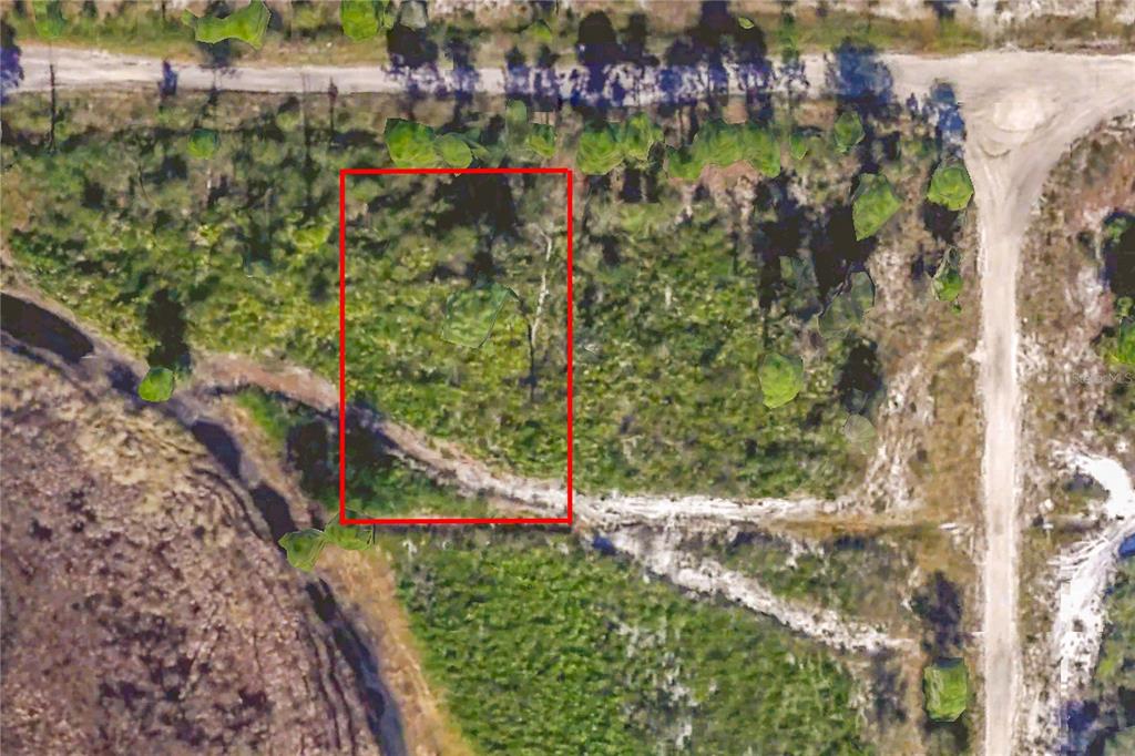 An aerial view shows a rectangular plot of land outlined in red near a road — 725 QUAIL AVENUE, SEBRING, FL