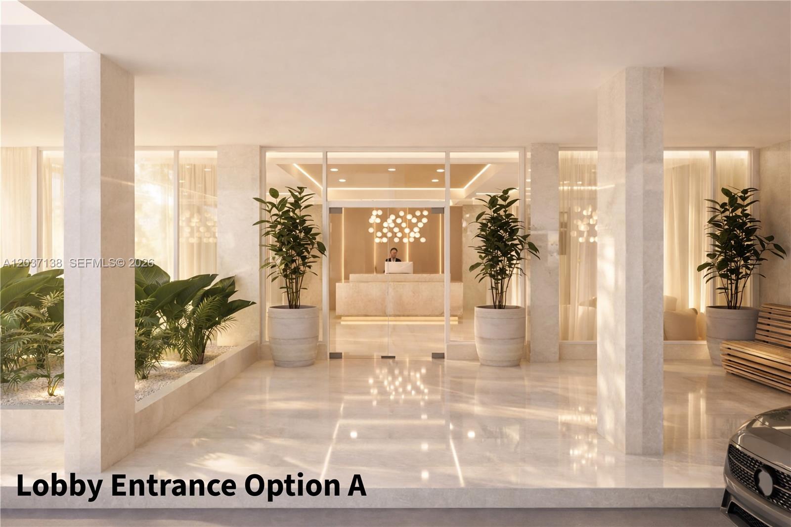 This architectural rendering shows a modern building lobby entrance with marble flooring and potted plants — 5001 Collins Ave # 6E, Miami Beach FL 33140, MIAMI BEACH, FL