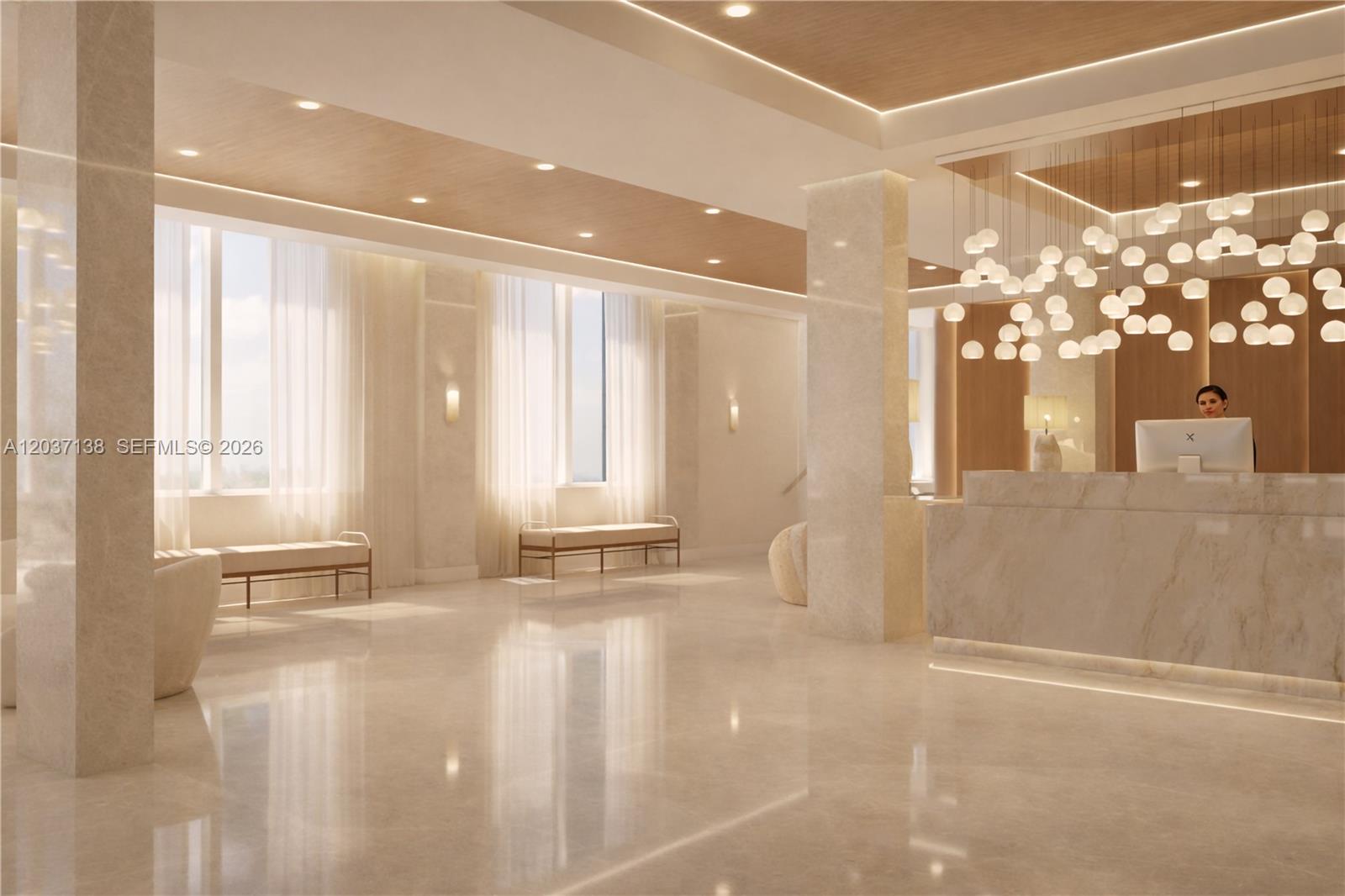 This is a rendering of a modern, marble-floored lobby with a reception desk and chandelier — 5001 Collins Ave # 6E, Miami Beach FL 33140, MIAMI BEACH, FL