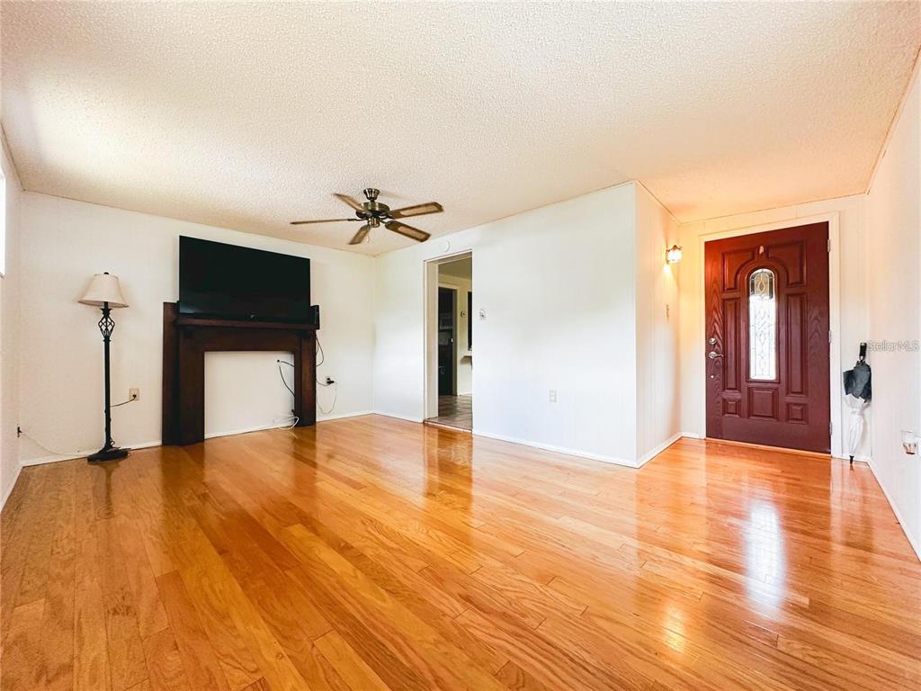 A living room features hardwood floors, a ceiling fan, a fireplace with a television, and a door — 1690 S MCADOO AVENUE, BARTOW, FL