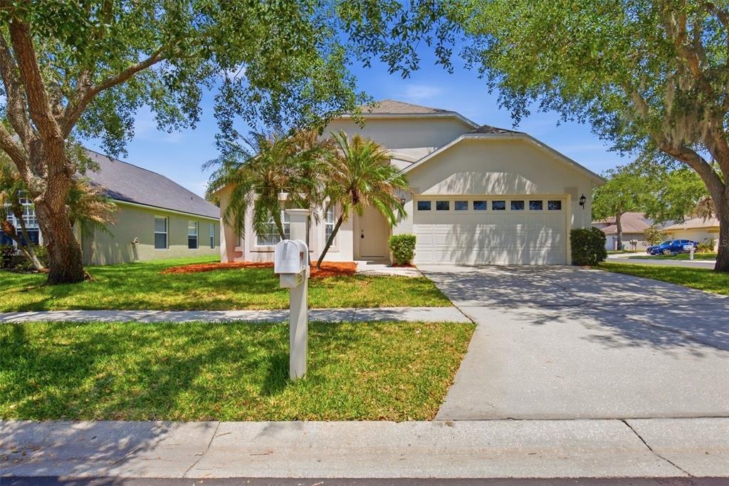 A single-story suburban house with a two-car garage, palm trees, and a front lawn — 1353 CRIMSON CLOVER LANE, WESLEY CHAPEL, FL
