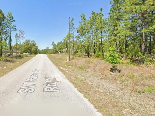 An asphalt road runs alongside a wooded lot with pine trees under a clear sky — SW HARBOR HILLS RD, DUNNELLON, FL