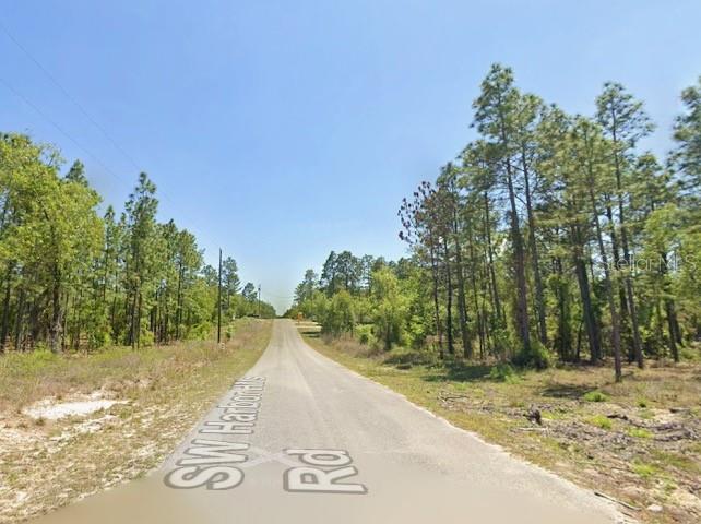 A paved road stretches into a wooded area under a clear blue sky — SW HARBOR HILLS RD, DUNNELLON, FL