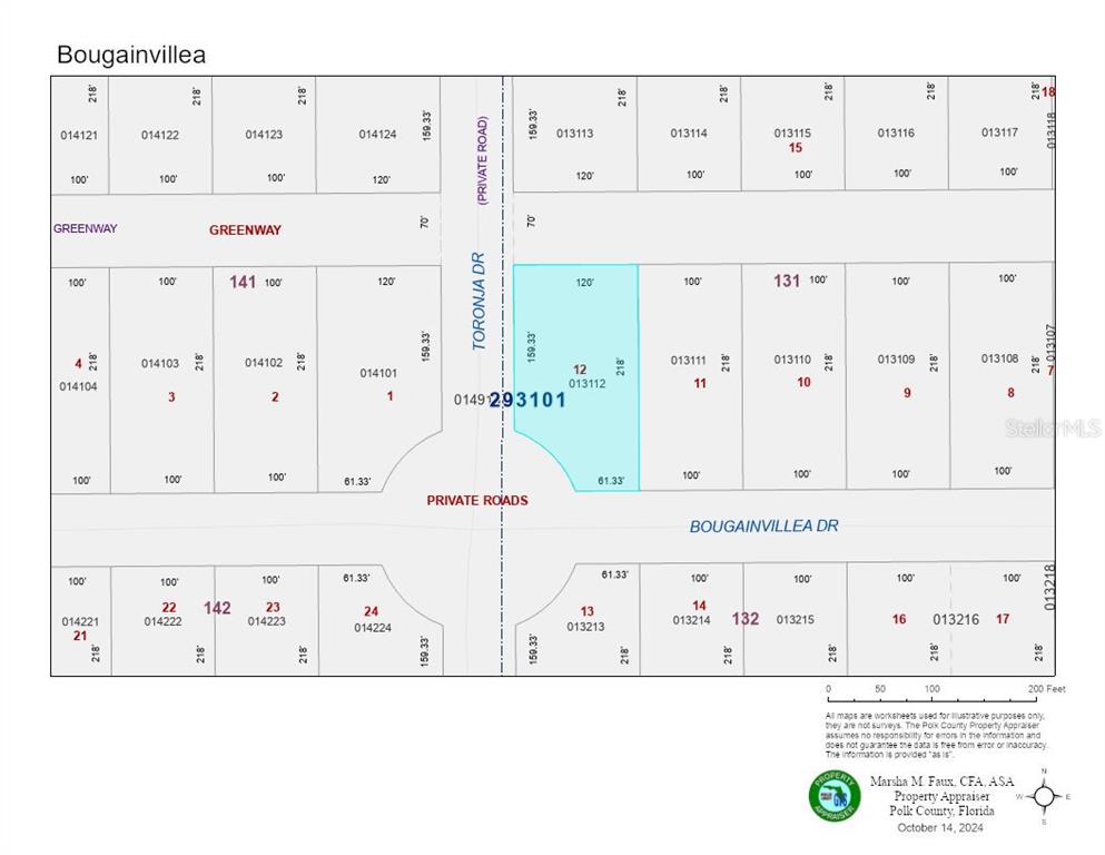 This is a property tax map showing lot dimensions and parcel numbers for a residential subdivision — 824 BOUGAINVILLE DRIVE, INDIAN LAKE ESTATES, FL