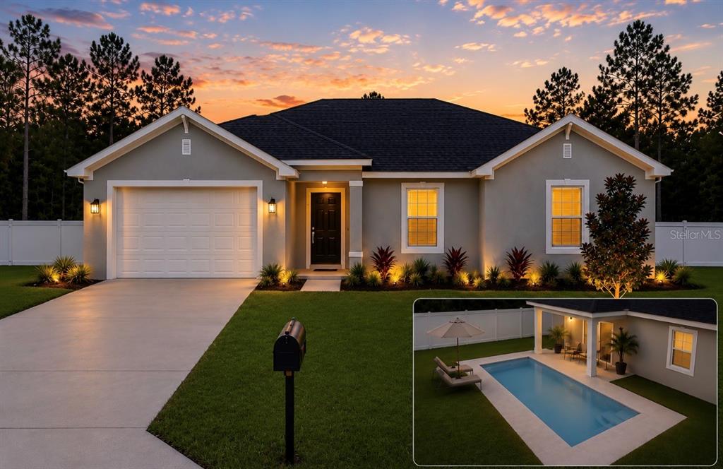 A single-story house with a garage and a small backyard swimming pool at sunset — 18 FLAMINGO DRIVE, PALM COAST, FL