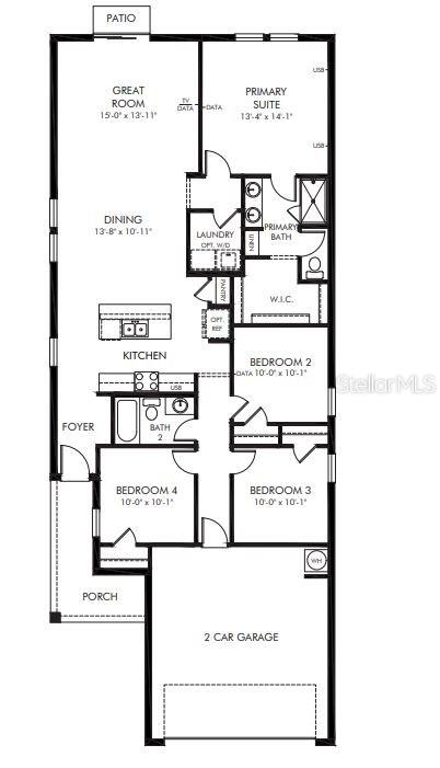 This is a floor plan for a four-bedroom home with a two-car garage and patio — 4305 RIVER BEACON BOULEVARD, DAVENPORT, FL