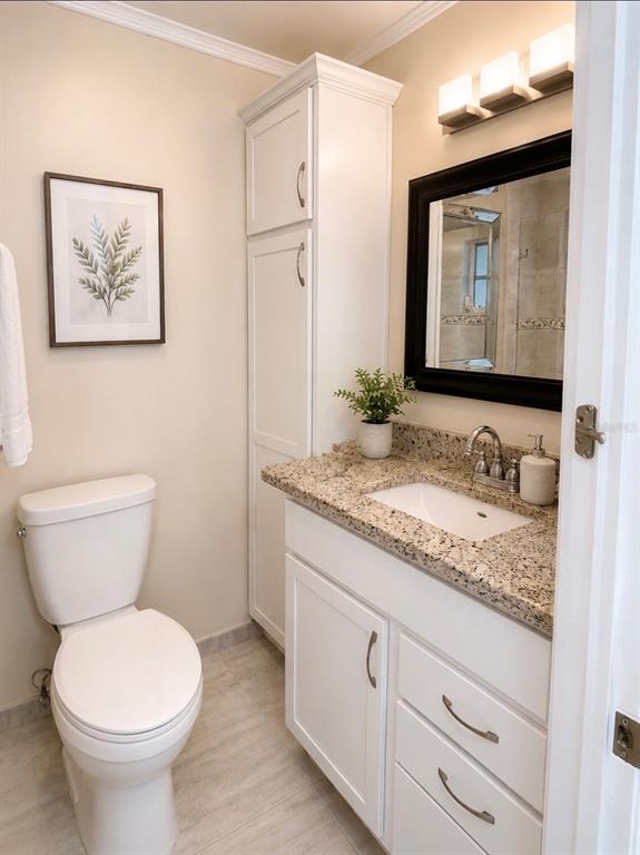 A bathroom features a white vanity with granite countertops, a tall storage cabinet, and toilet — 925 PEBBLE CREEK CIRCLE, ORLANDO, FL