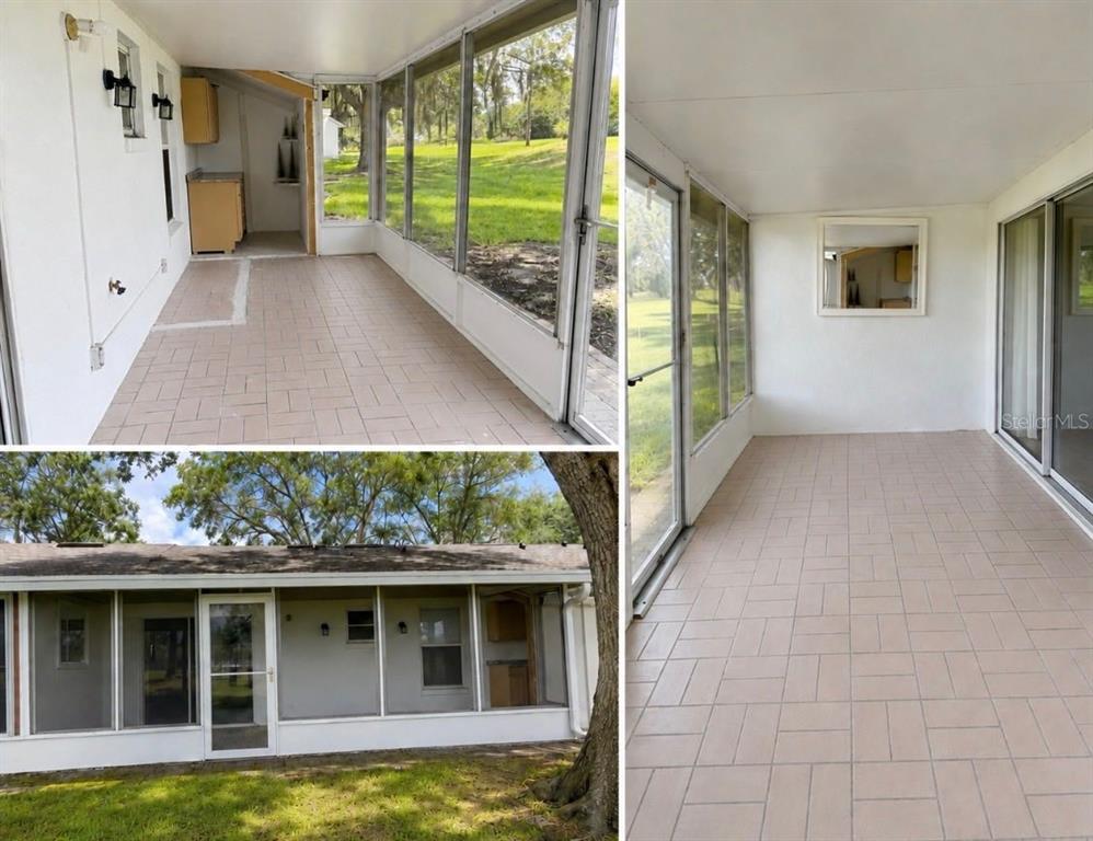This collage shows a tiled, screened-in porch with an outdoor kitchen area and exterior views — 925 PEBBLE CREEK CIRCLE, ORLANDO, FL