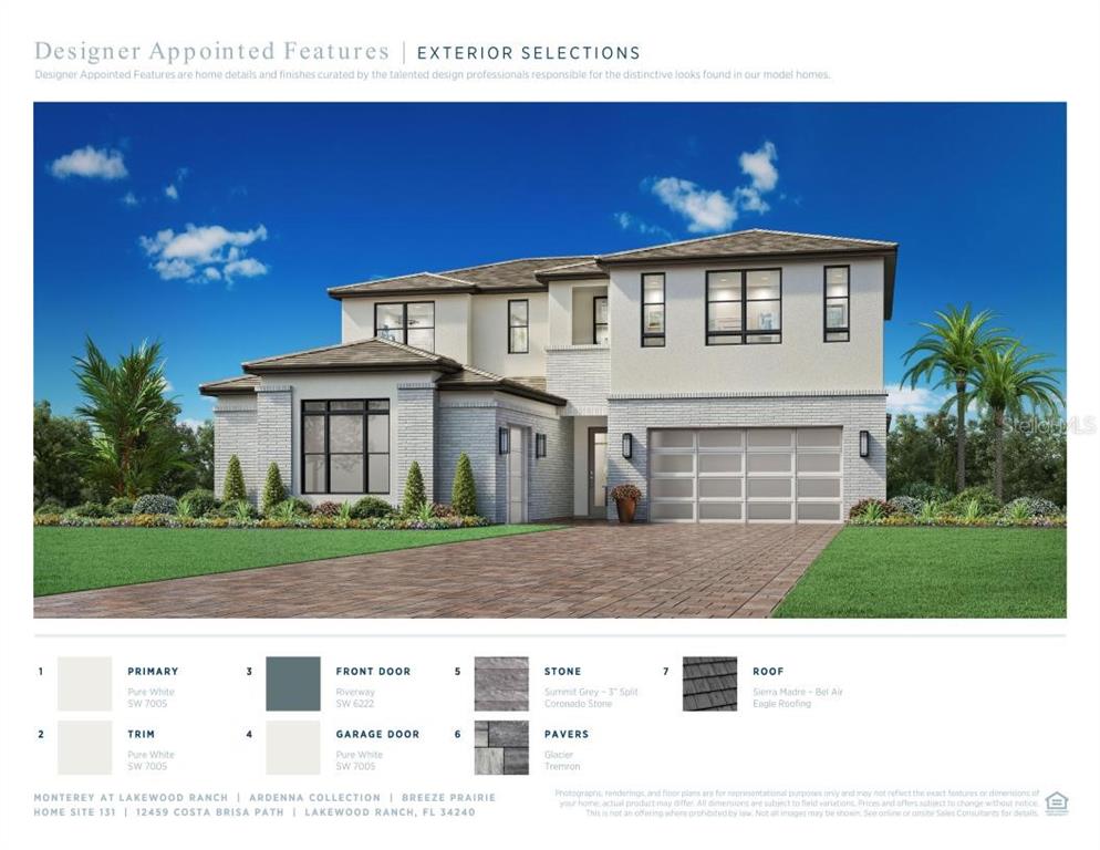 This is a rendering of a two-story house exterior featuring white walls, stone accents, and a gray roof — 12459 COSTA BRISA PATH, SARASOTA, FL