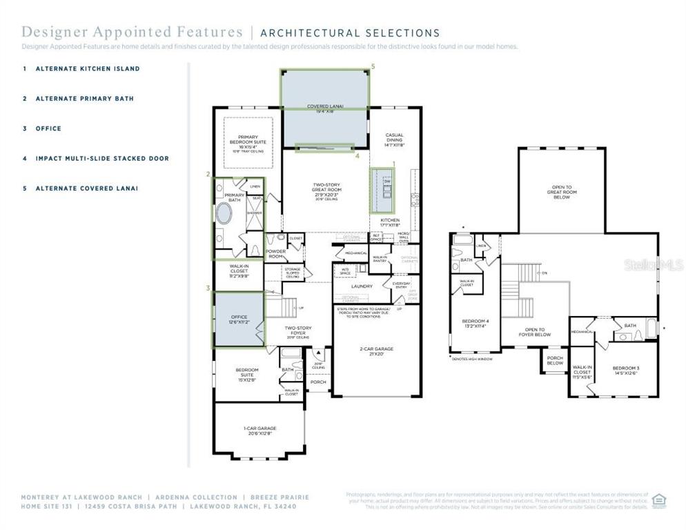 This is a floor plan for a two-story home featuring five bedrooms and a three-car garage — 12459 COSTA BRISA PATH, SARASOTA, FL