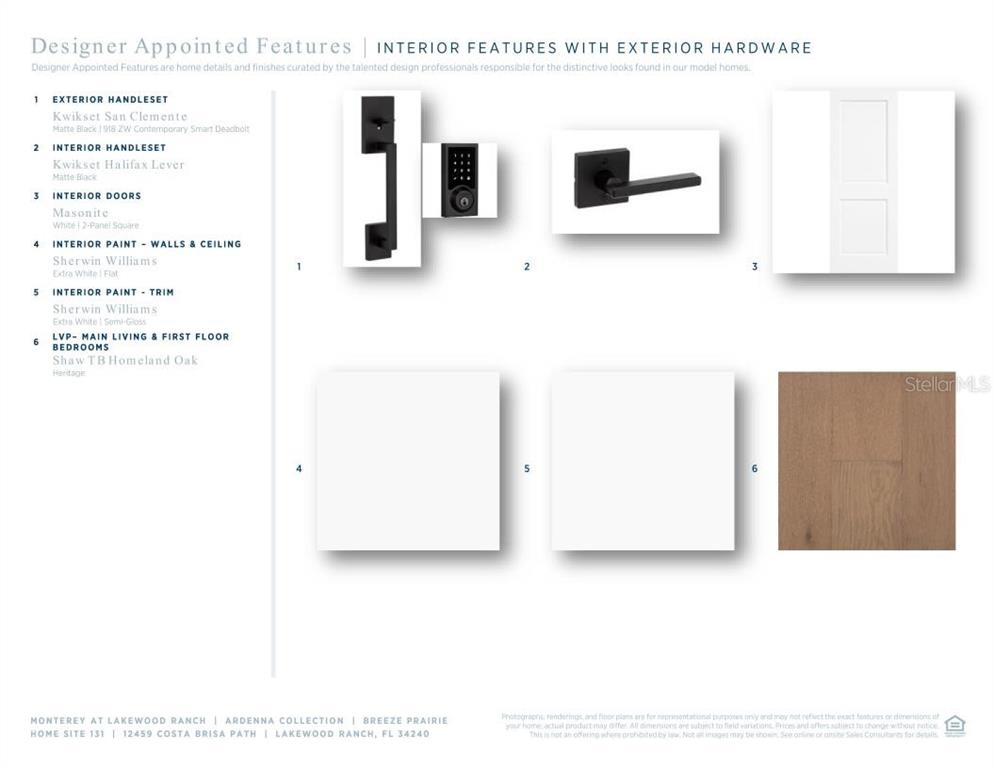This image displays a selection of interior finishes, hardware, and flooring options for a home — 12459 COSTA BRISA PATH, SARASOTA, FL