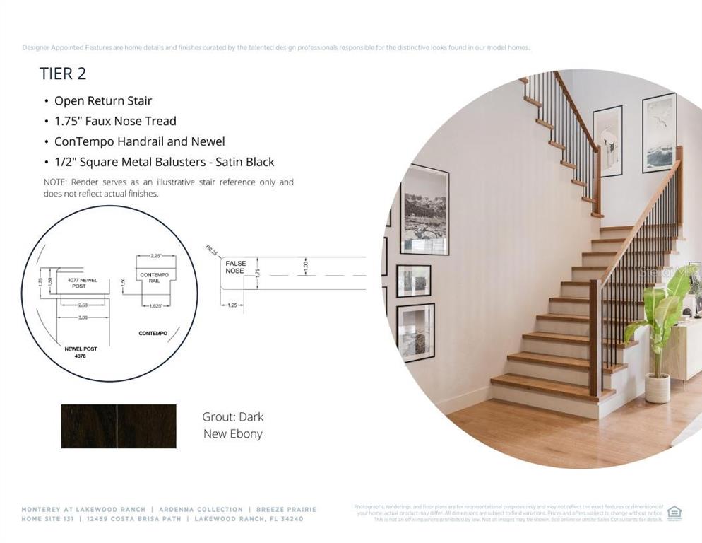 This rendering shows a staircase with wooden treads, a dark handrail, and black metal balusters — 12459 COSTA BRISA PATH, SARASOTA, FL