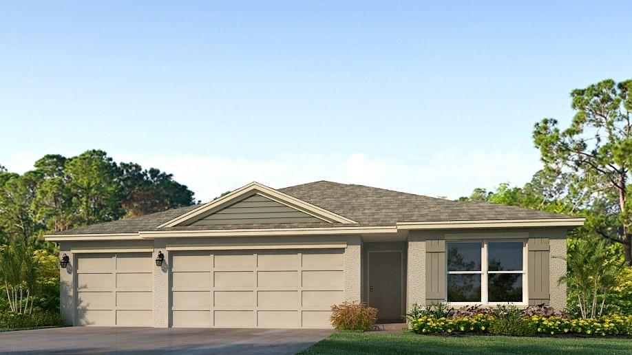 This is a digital rendering of a single-story suburban house with a three-car garage — 13139 BENDING CREEK TRAIL, PARRISH, FL