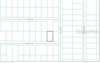 This is a plat map showing a rectangular parcel of land highlighted in red — TBD SW 34 STREET, OCALA, FL
