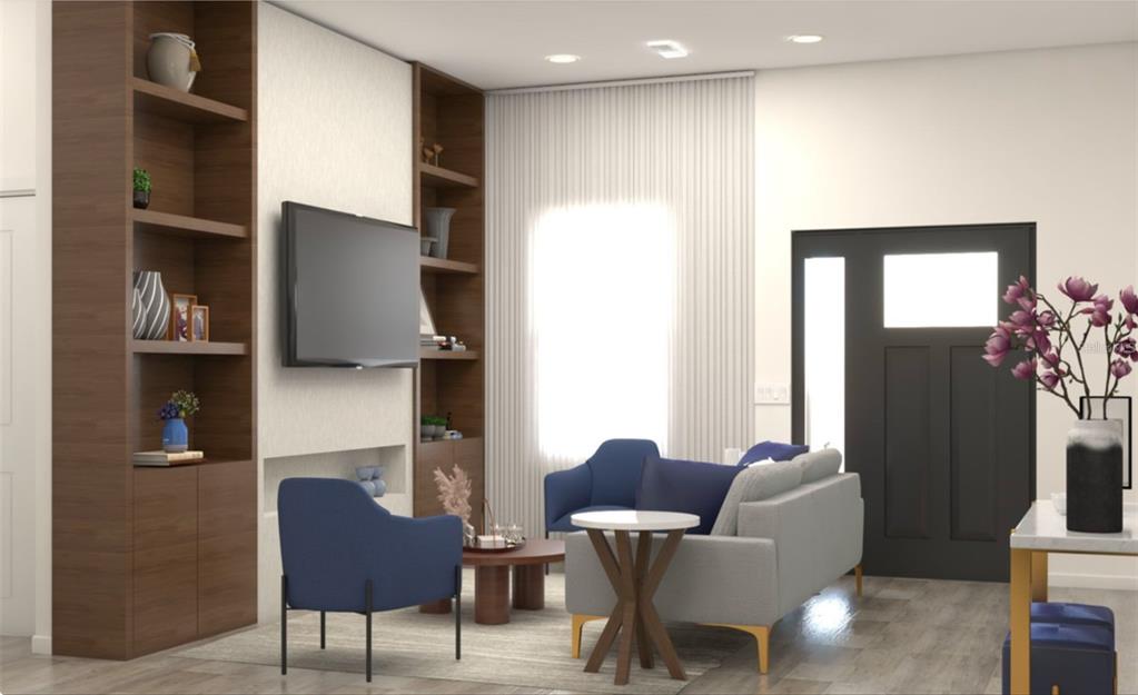 This is a digital rendering of a modern living room featuring built-in shelving and furniture — 4254 ENID LANE, NORTH PORT, FL