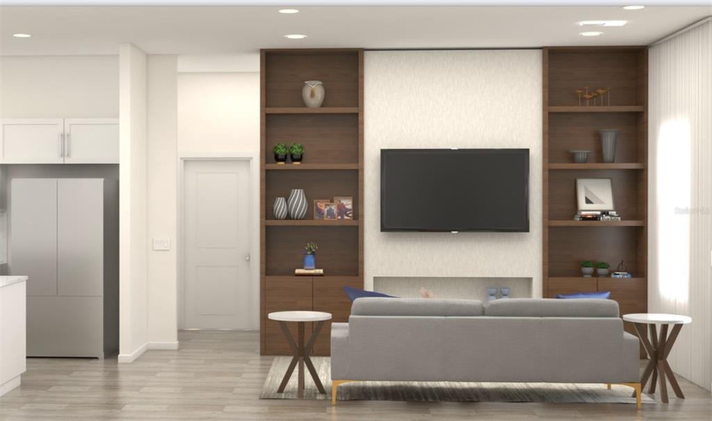 This is a rendering of a living room featuring built-in wooden shelving and a wall-mounted television — 4254 ENID LANE, NORTH PORT, FL