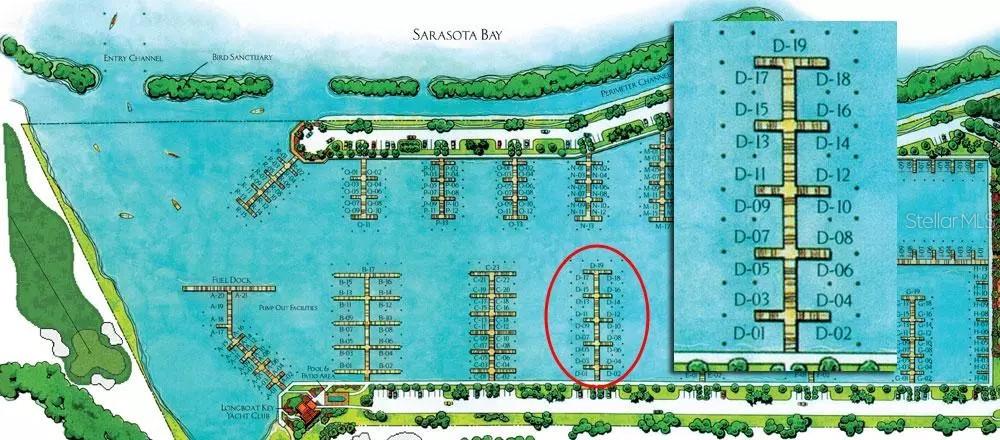 This is a map showing the layout of boat slips at a marina — 2800 HARBOURSIDE DRIVE UNIT D-16, LONGBOAT KEY, FL