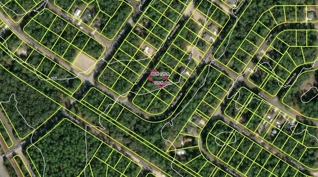An aerial map view shows a highlighted rectangular residential lot with dimensions labeled in feet — 9337 N JACKSON WAY, CITRUS SPRINGS, FL